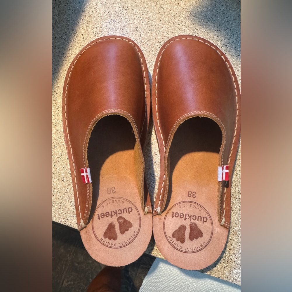 Duckfeet Sz 38 Blavand Brown Leather Open Back  Leather Clogs Worn in house NWOT